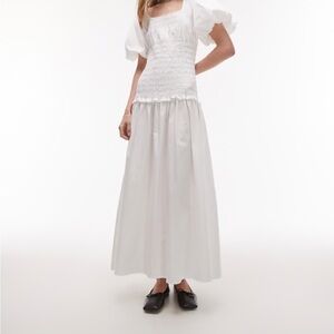 Topshop White Smocked Blouse with Puff Sleeves